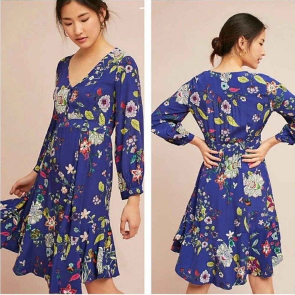 Anthropologie Maeve Long Sleeve V-neck Purple-Blue Floral Ruffle Hem Dress XL